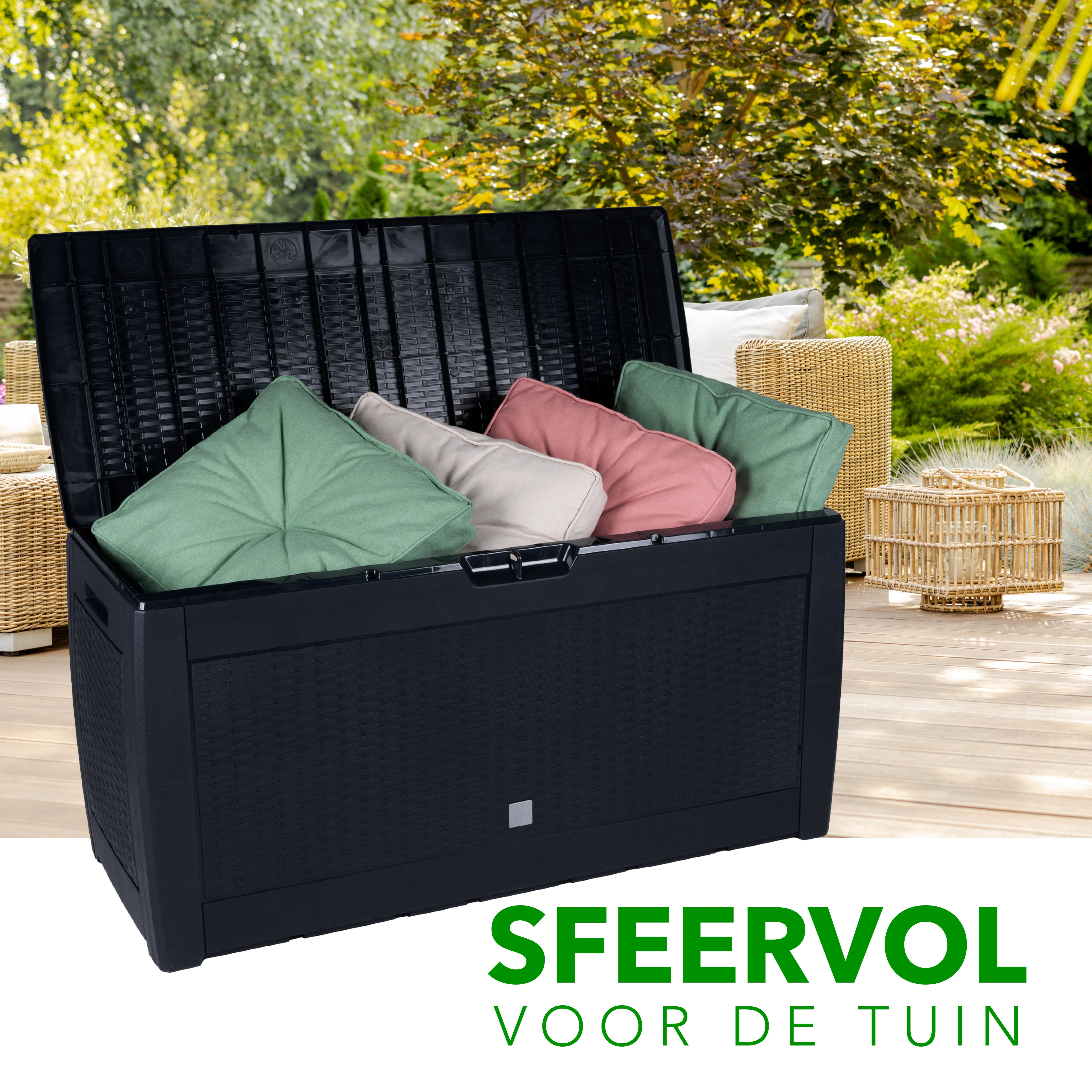Black plastic garden storage box with open lid, filled with colorful cushions on a wooden deck.