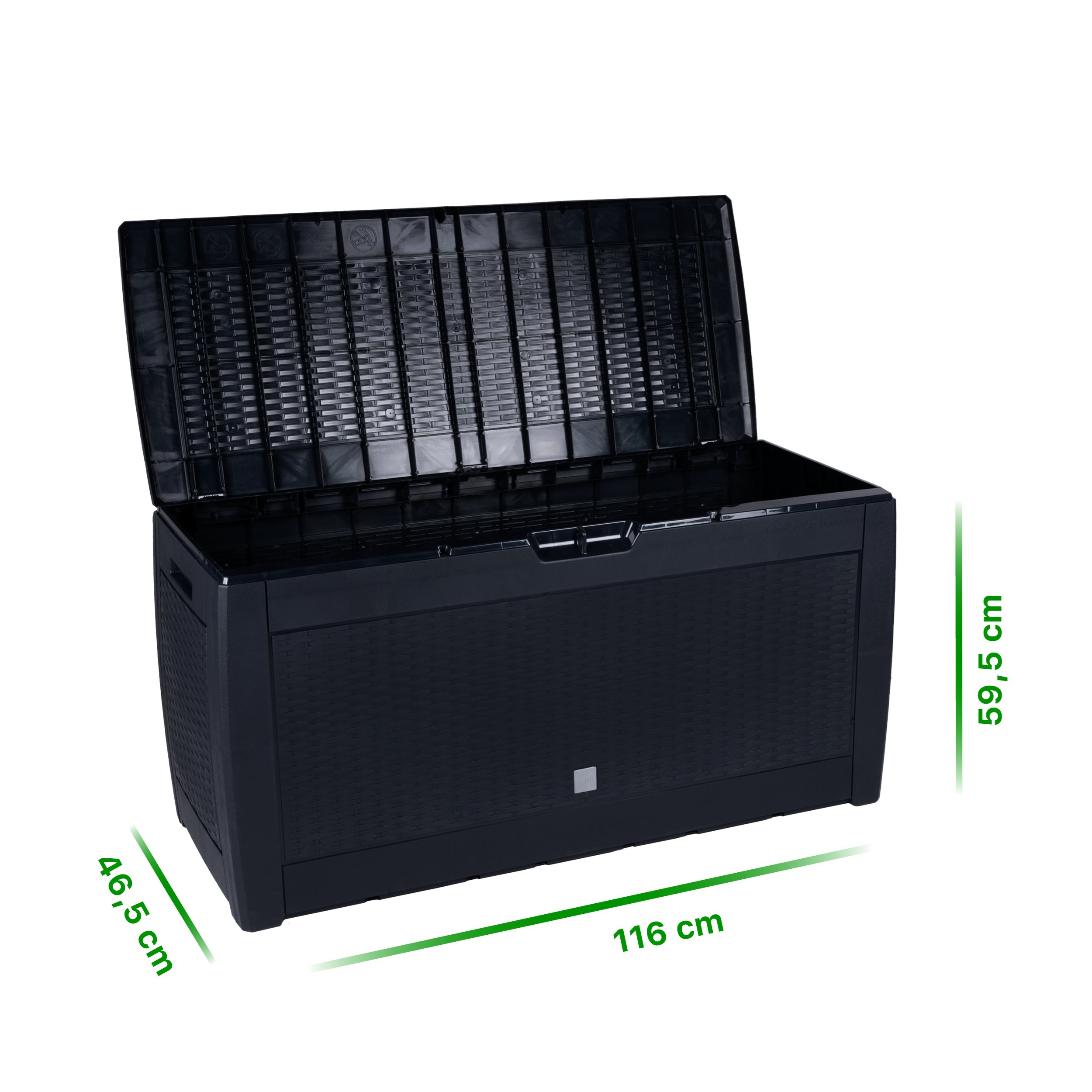 Black plastic storage box with an open lid, featuring green dimension lines measuring 116x46,5x59,5 cm on a white background.