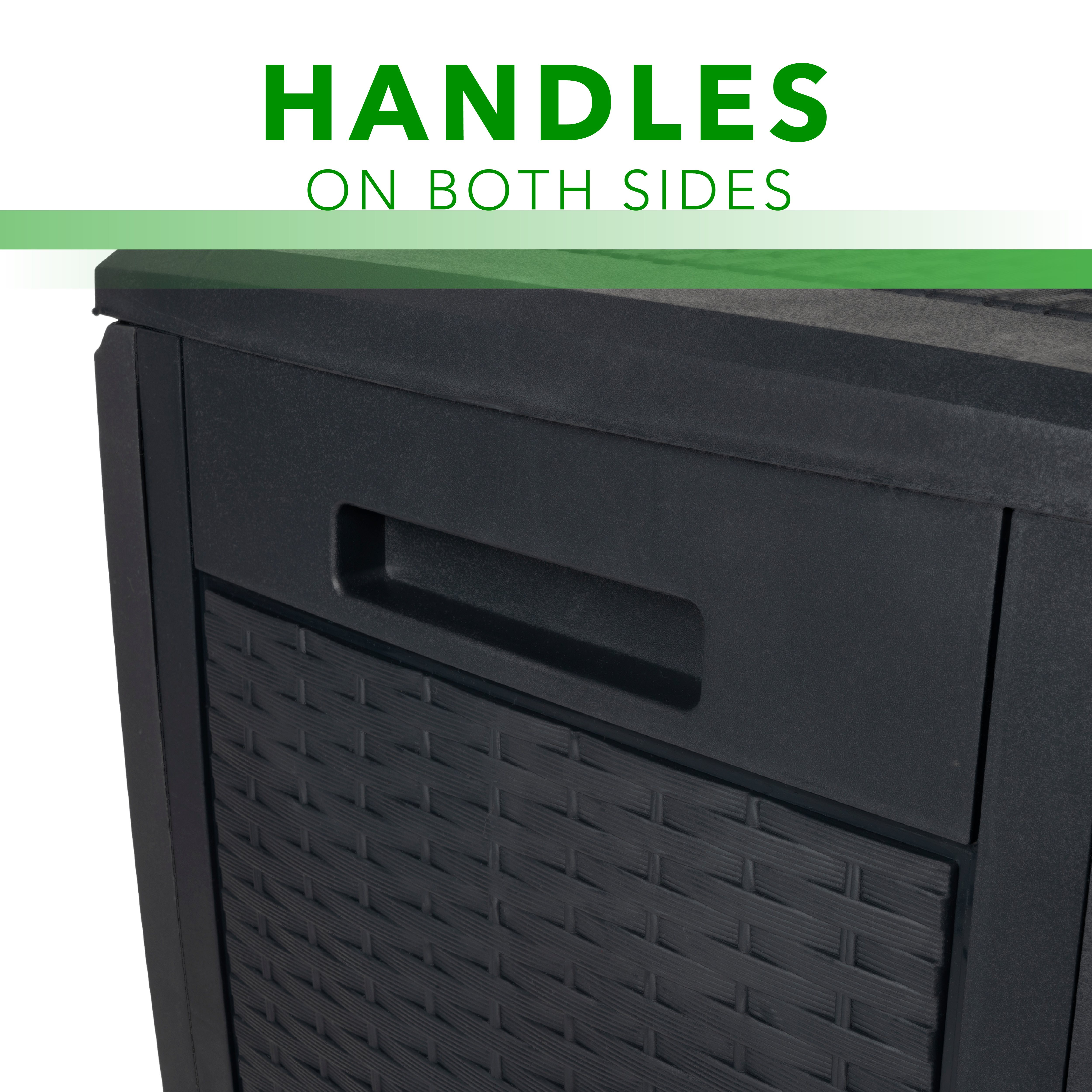 Black plastic storage box with integrated handle and wicker pattern.