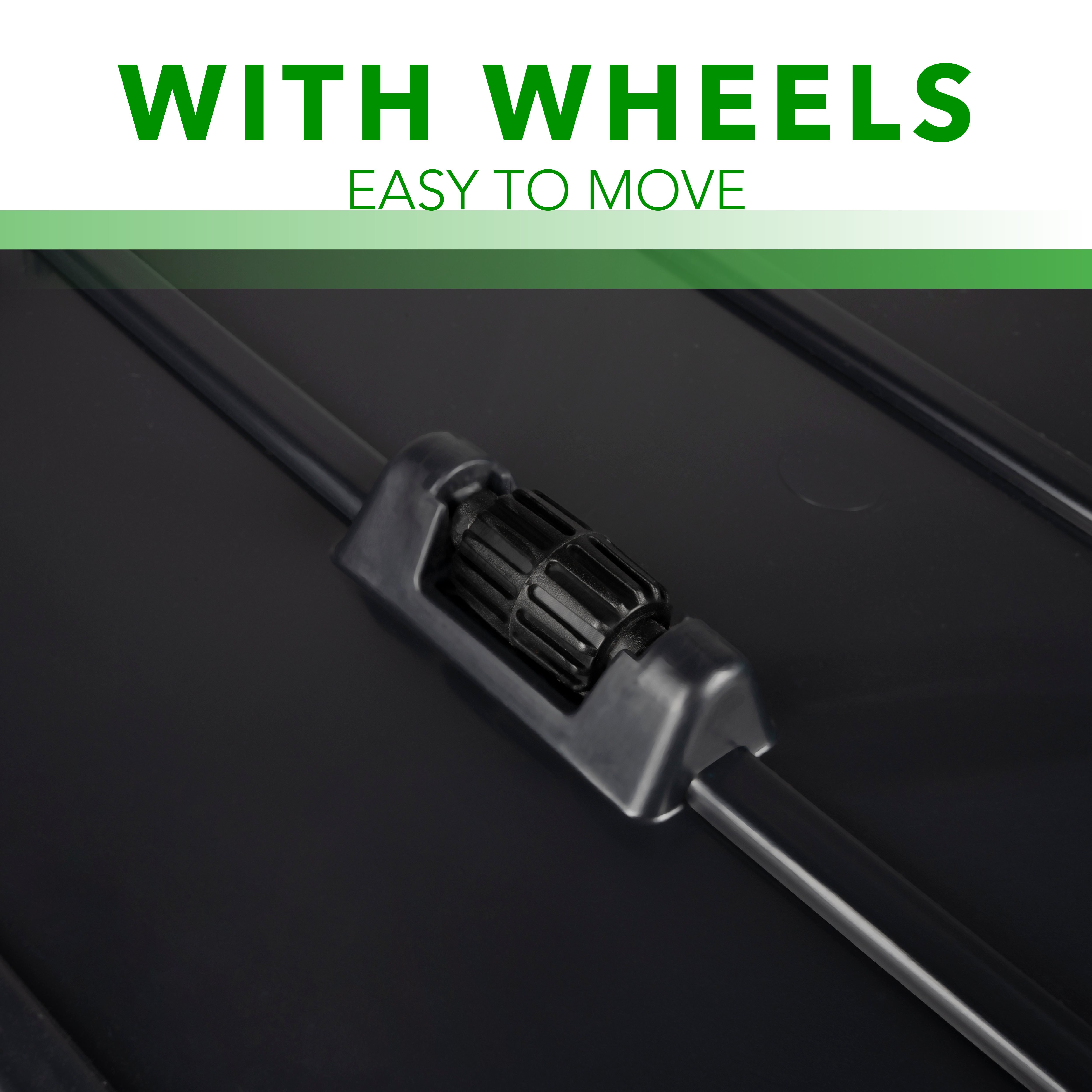 A small black wheel is mounted on a black surface. Text reads: WITH WHEELS EASY TO MOVE.