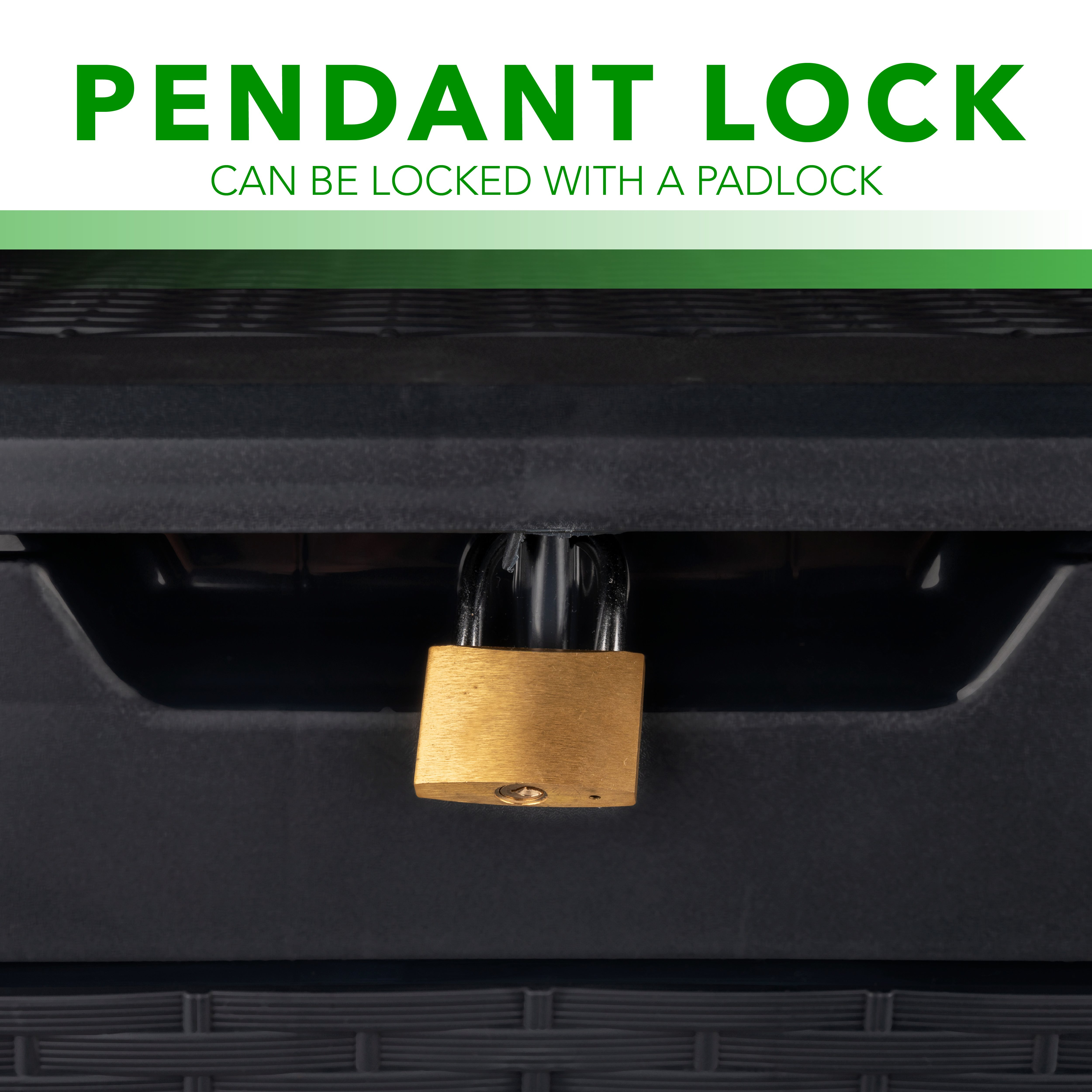 A padlock secures a black plastic box, with the text PENDANT LOCK above it.