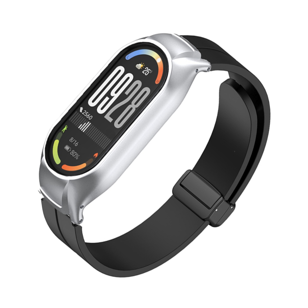 Ein silberner Fitness-Tracker mit schwarzem Armband und digitalem Zifferblatt auf weiem Hintergrund.