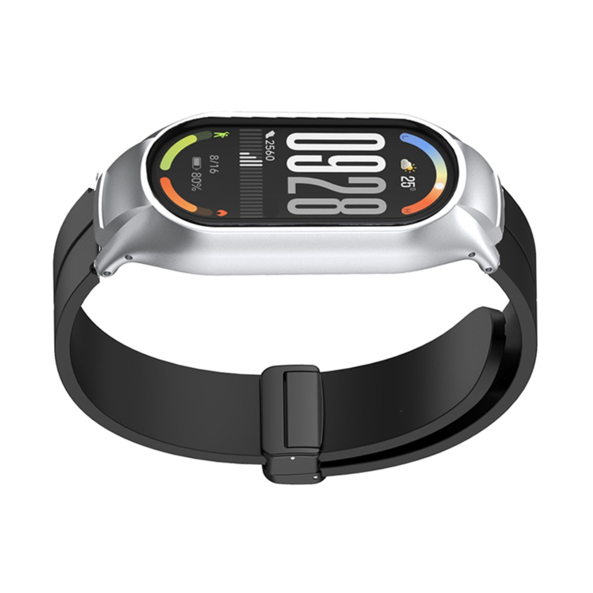 Silberner Fitnesstracker mit schwarzem Armband und digitalem Zifferblatt.