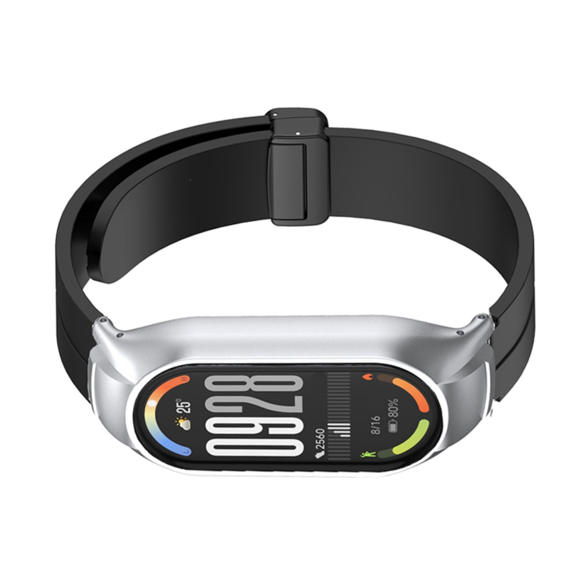 Ein silberner Fitness-Tracker mit schwarzem Armband zeigt die Uhrzeit 09:28 und Aktivitätsdaten.