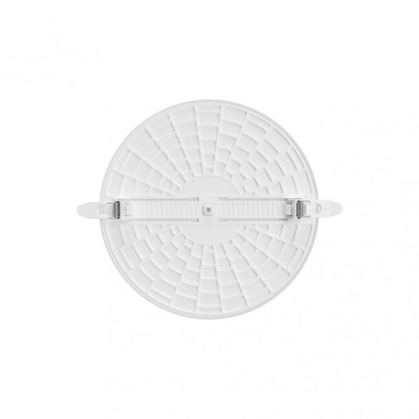 Parte trasera de un foco LED empotrable redondo blanco con resortes de montaje integrados sobre fondo blanco.