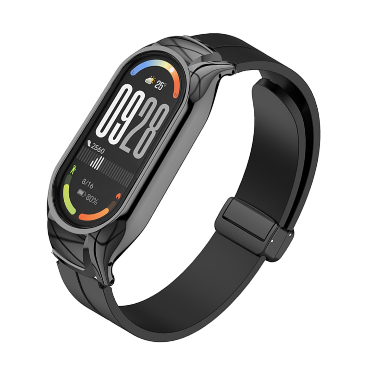 Ein schwarzer Fitnesstracker mit digitalem Display und Kautschukarmband auf weißem Hintergrund.