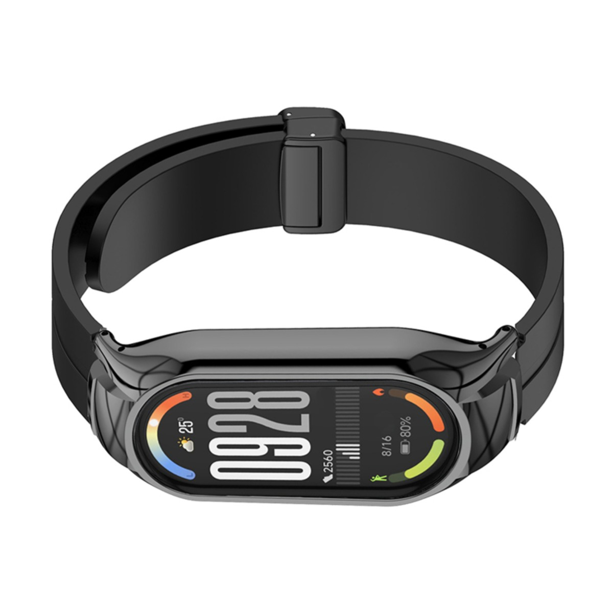 Schwarzer Fitness-Tracker mit rundem Gehäuse, digitaler Zeitanzeige und Aktivitätsstatistiken auf dem Display.
