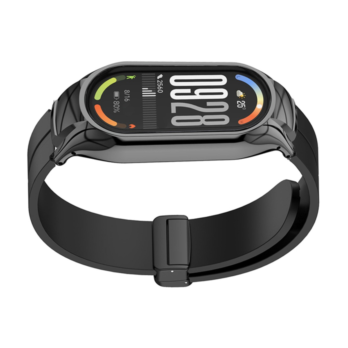 Ein schwarzer Fitnesstracker mit digitalem Display und einfachem Armband vor weißem Hintergrund.