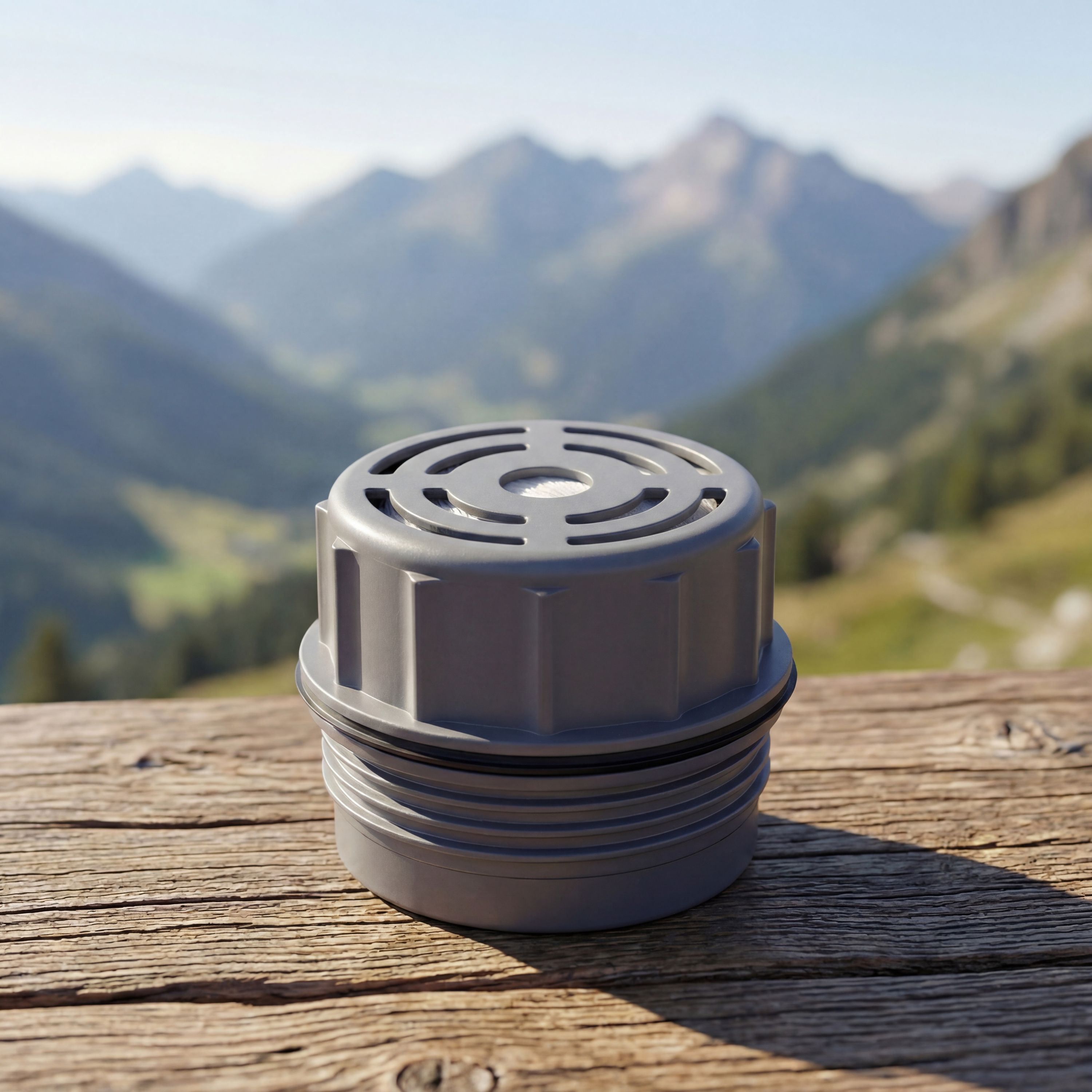Grauer zylindrischer Plastikfilter auf hölzerner Bank vor verschwommener Berglandschaft.
