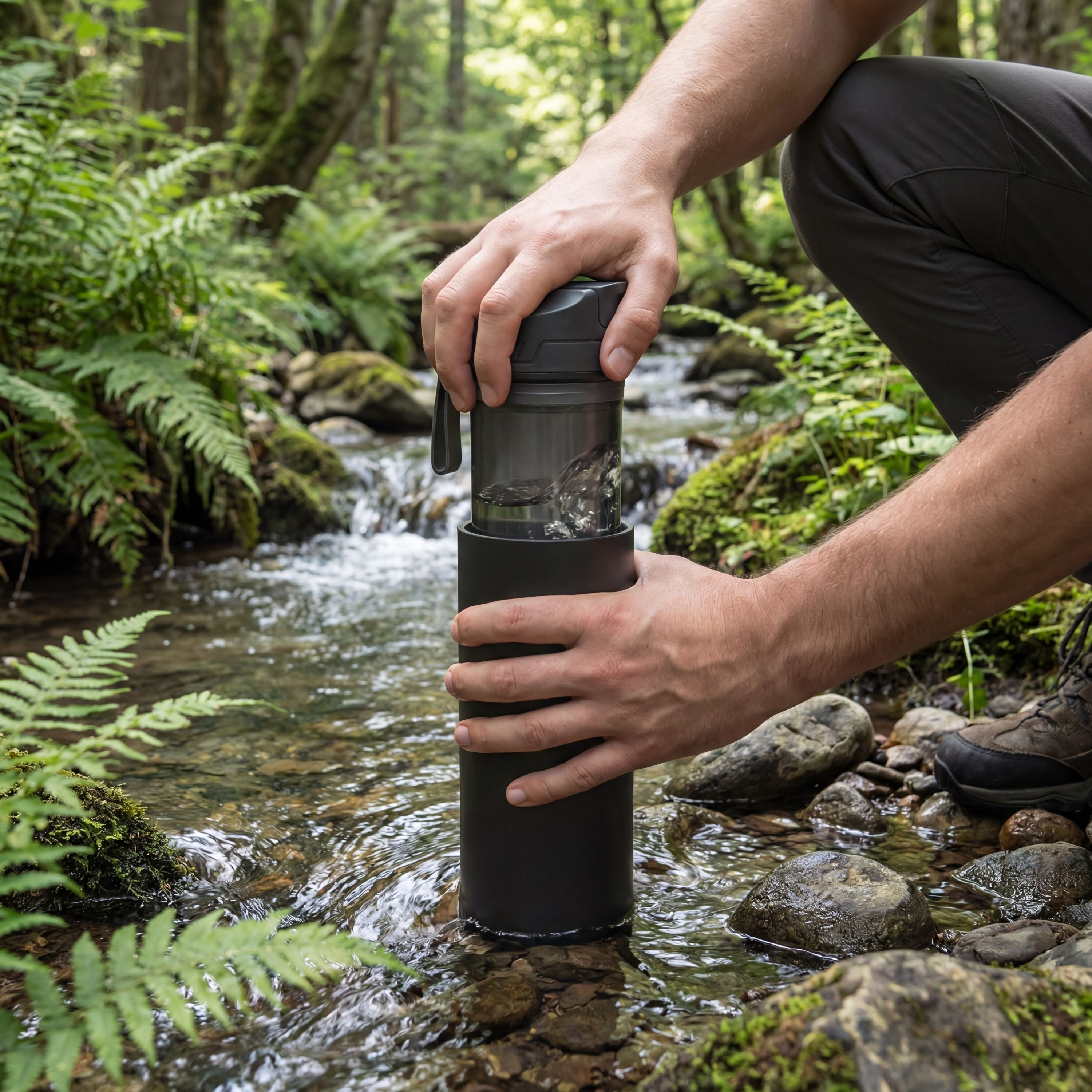 Eine Person hockt an einem Waldbach und hält eine schwarze Wasserfilterflasche im fließenden Wasser.