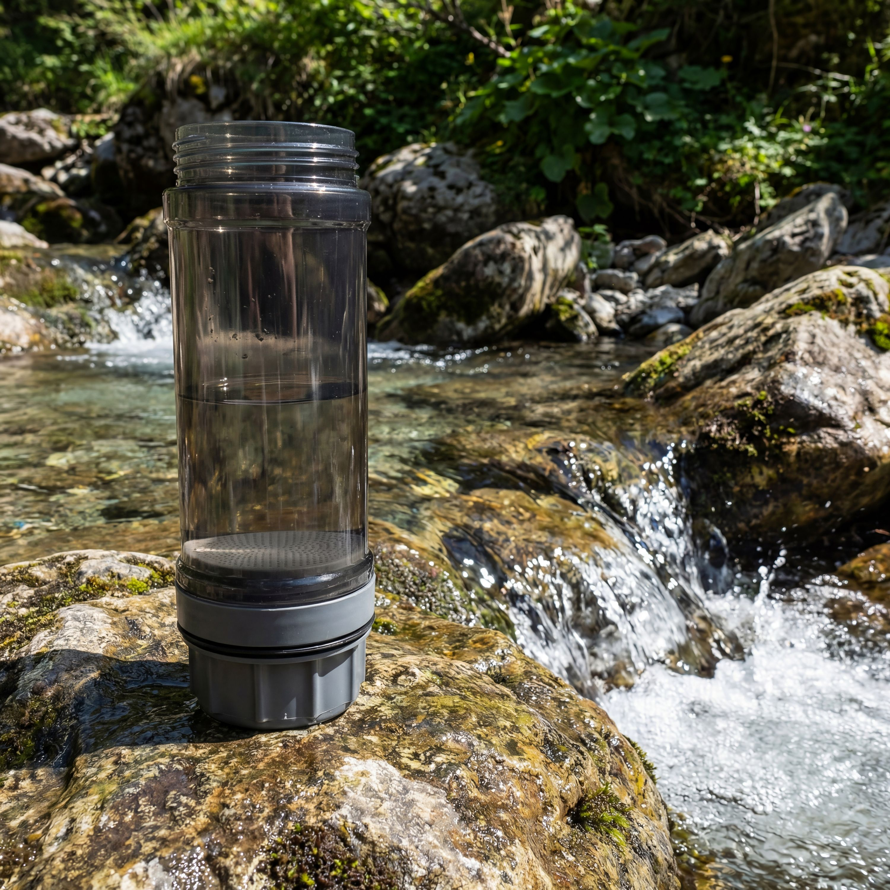 Eine offene Plastik-Trinkflasche steht auf einem moosigen Stein an einem fließenden Bach im Wald.
