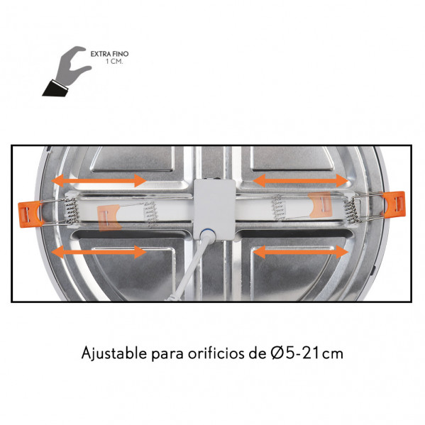 Parte trasera de un panel LED redondo con pinzas ajustables y texto 'Ajustable para orificios de O5-21 cm'.
