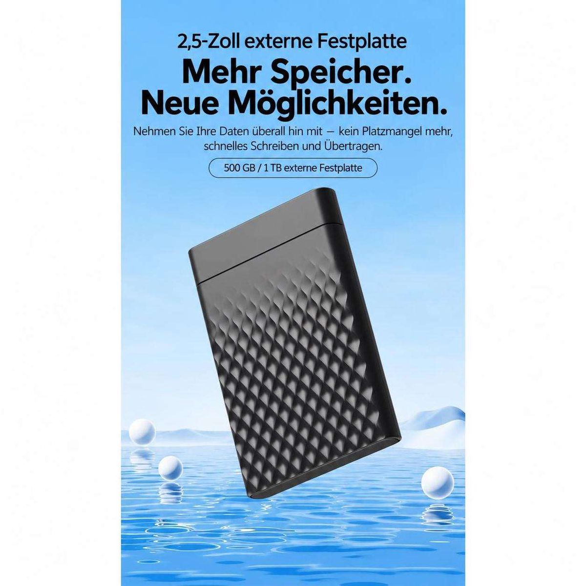 Schwarze externe 2,5-Zoll-Festplatte über Wasser mit Text.