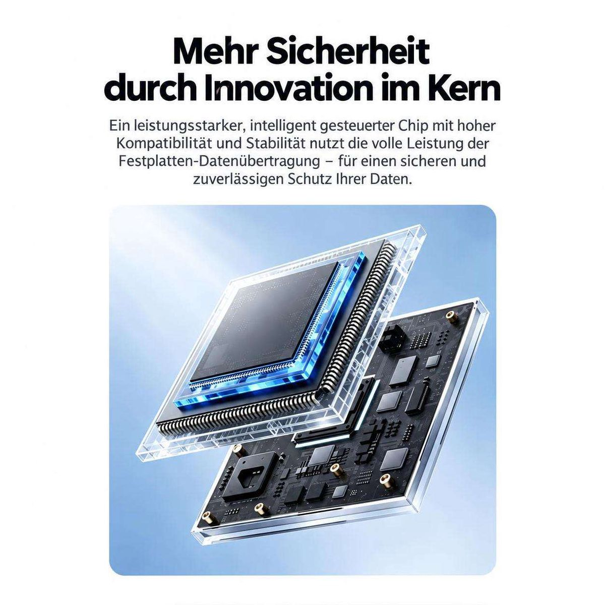 Technisches Bild eines beleuchteten Computerchips auf einer transparenten Platine mit deutschem Werbetext.