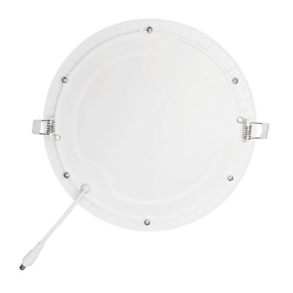 Un panel de luz LED redondo y blanco con clips de resorte y un cable de alimentación.