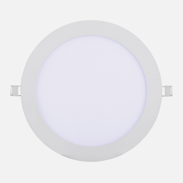 Luz LED empotrada redonda y blanca con clips metálicos sobre un fondo neutro.