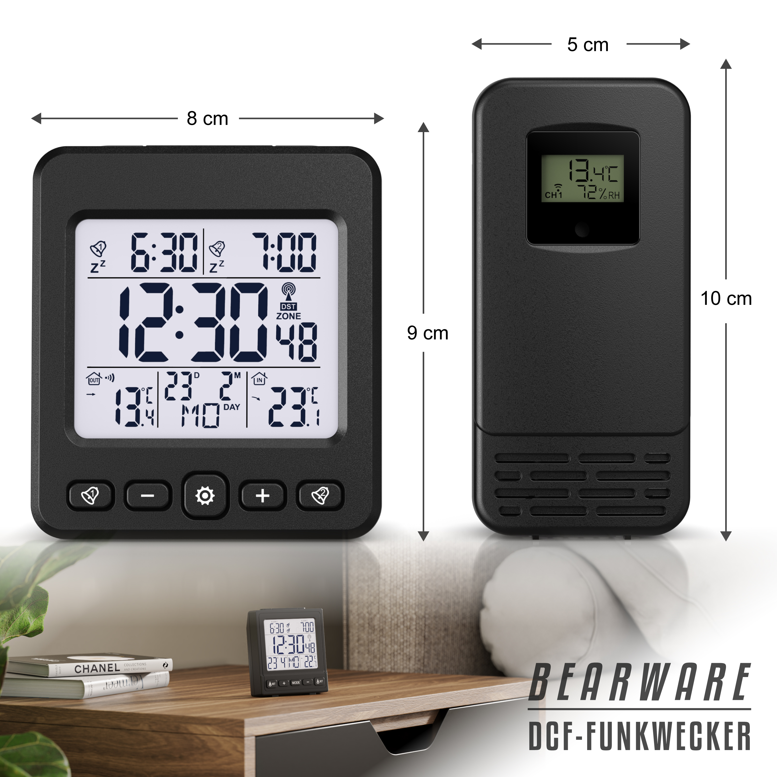 Ein schwarzer digitaler Funkwecker mit Maßen, Zeit, Datum und Temperatur sowie ein Funksensor daneben.