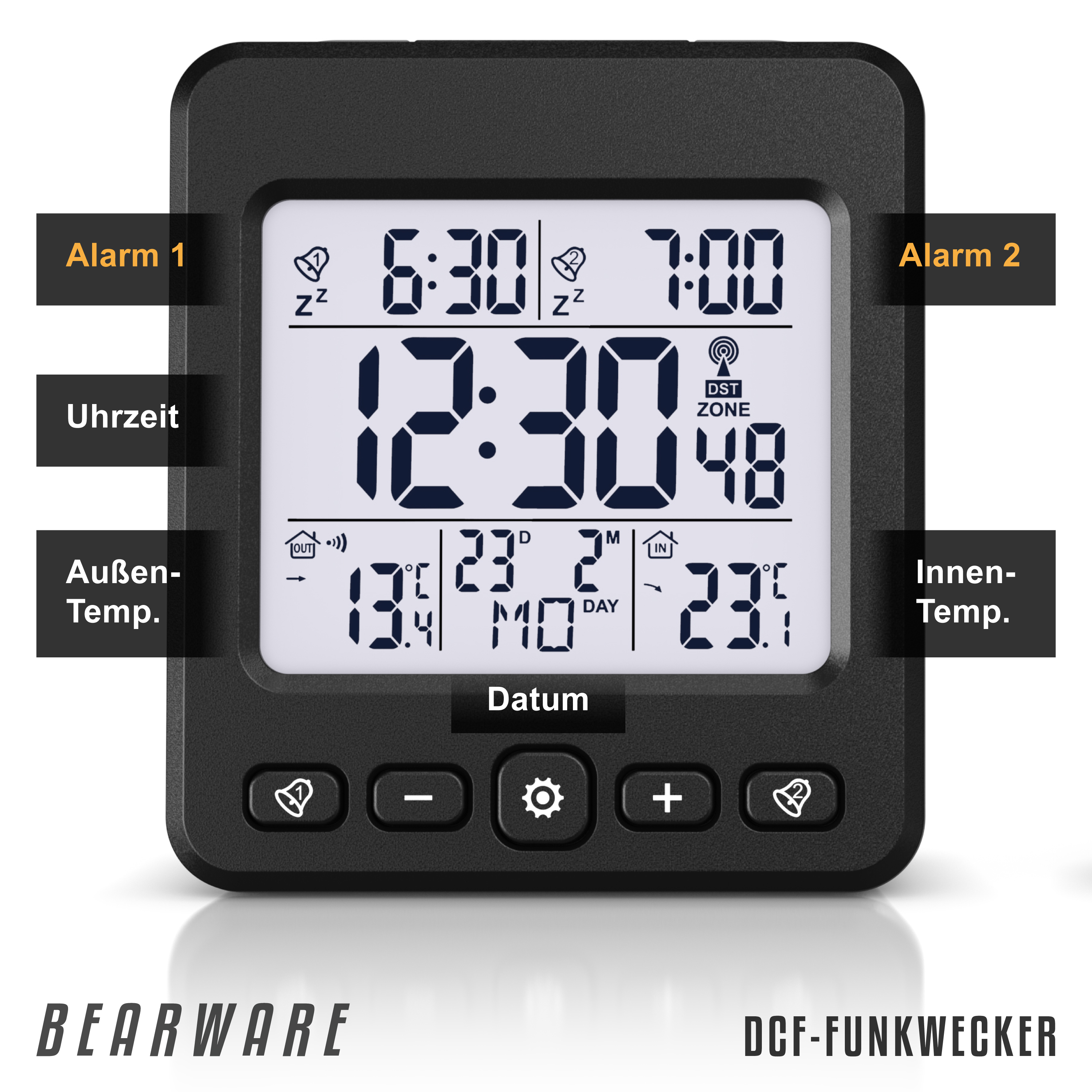 Ein schwarzer Digitalwecker mit großem Display zeigt Uhrzeit, Datum und Temperatur an.