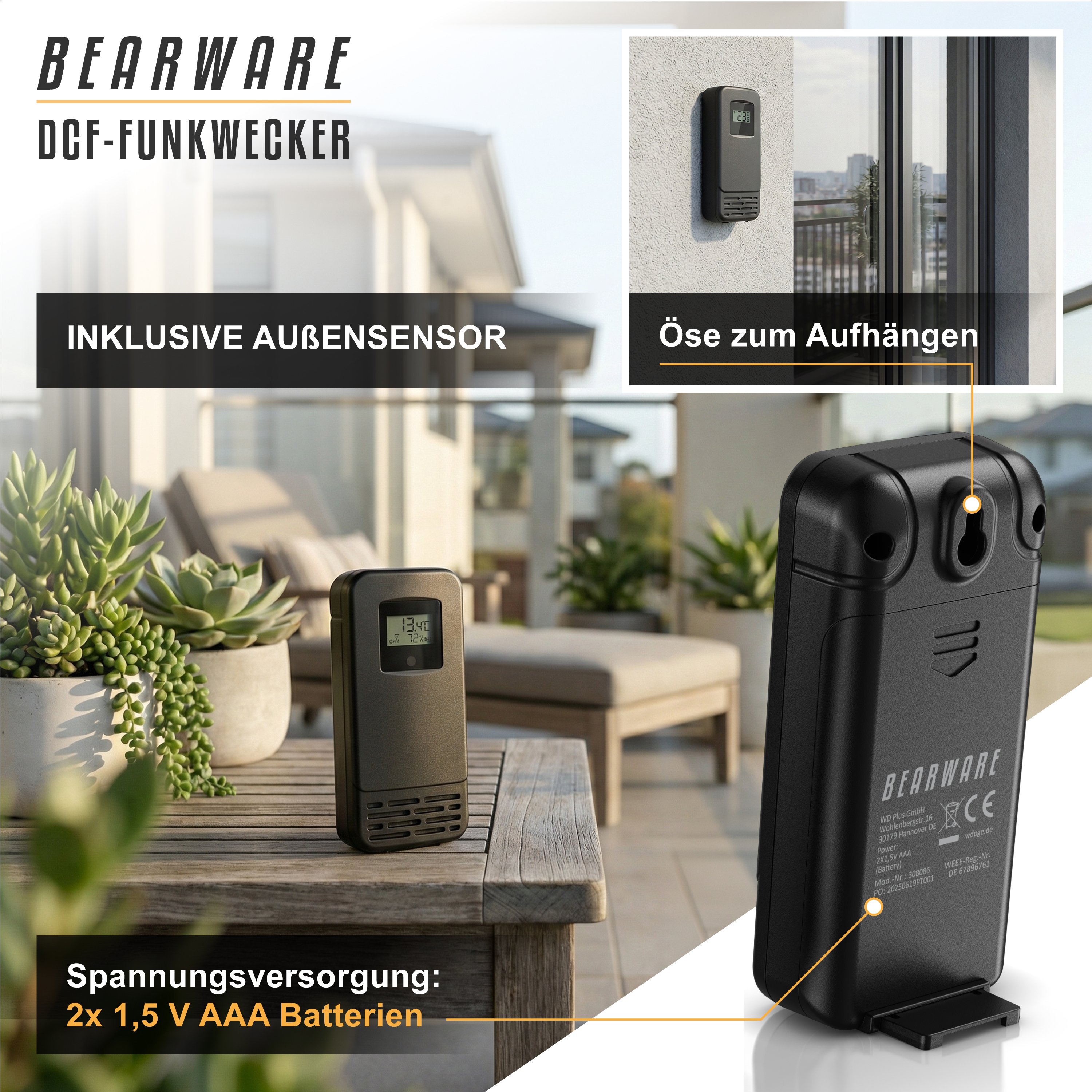 Bearware Funkaussensensor auf einem Holztisch, zeigt Batterieinfos und Aufloese.