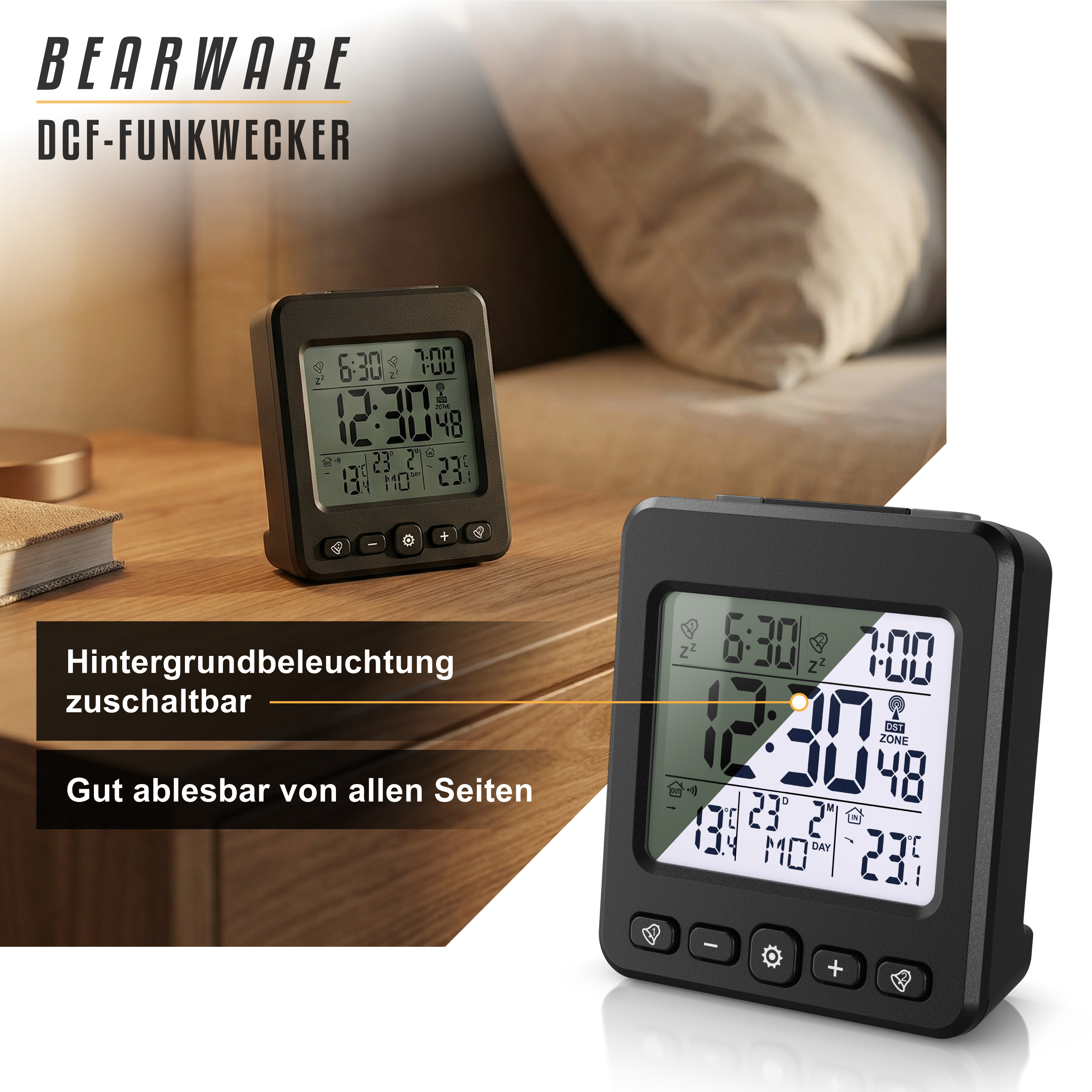 Ein schwarzer digitaler Wecker auf einem Nachttisch mit einem Bett im Hintergrund.