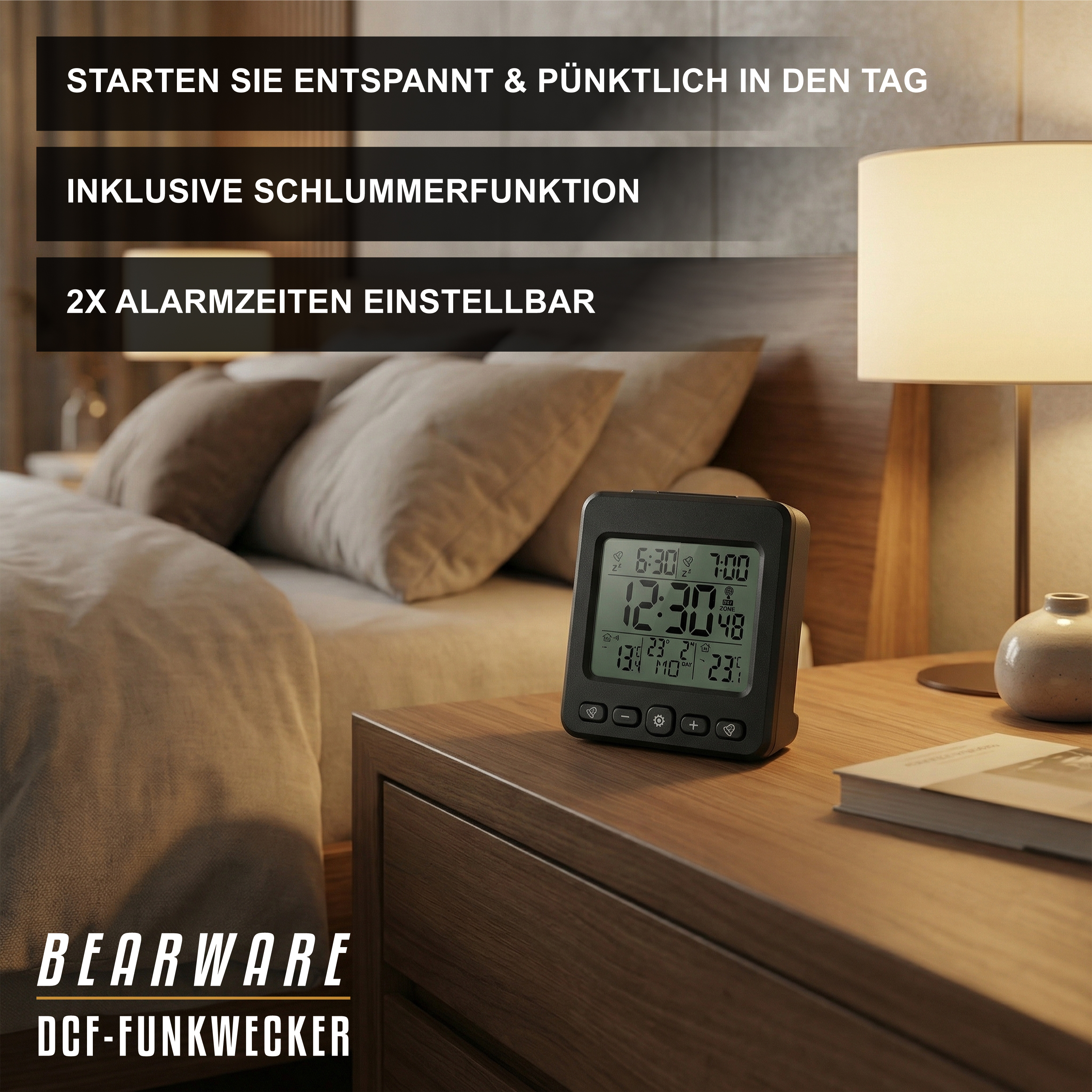 Ein digitaler Funkwecker steht auf einem Nachttisch im Schlafzimmer neben einer Lampe.