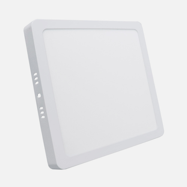 Una lámpara de techo LED cuadrada y blanca sobre fondo claro.