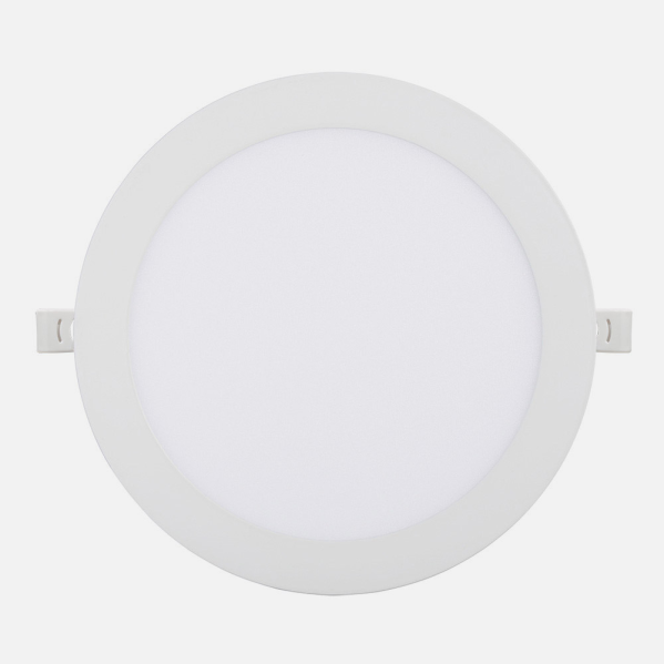 Panel de luz LED empotrable blanco redondo con marco blanco y clips de montaje en los lados sobre fondo neutro.