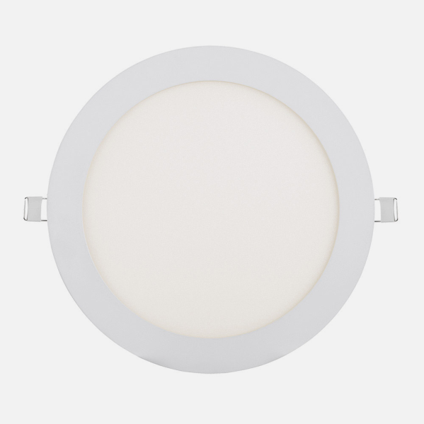 Un panel de luz LED empotrable, blanco y redondo, con clips metálicos en los lados sobre fondo claro.