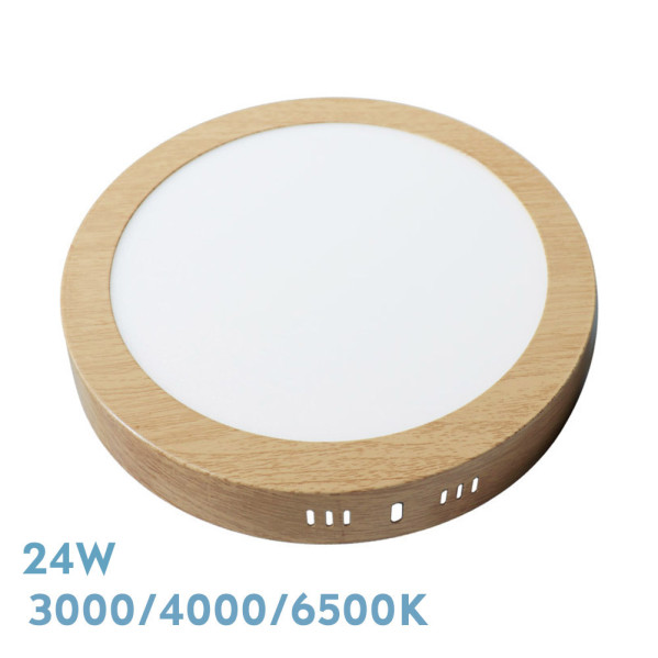 Lámpara de techo LED redonda con marco de veta de madera, 24W, 3000K-6500K.