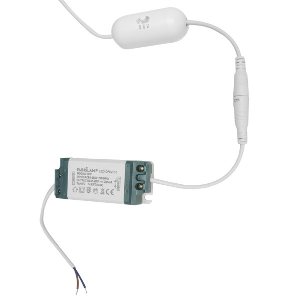 Un controlador LED blanco con cables, una unidad de control cilíndrica y cables de cobre desprotegidos.