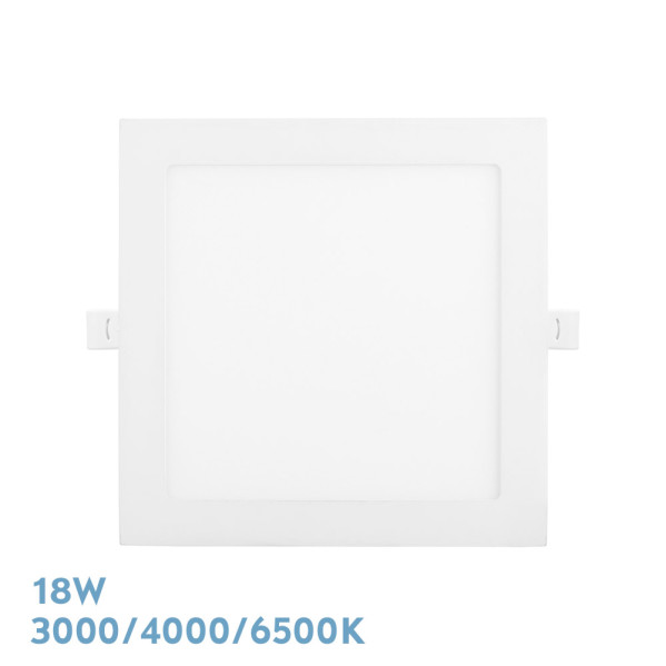 Panel LED cuadrado blanco de 18W con temperaturas de color de 3000K, 4000K y 6500K.
