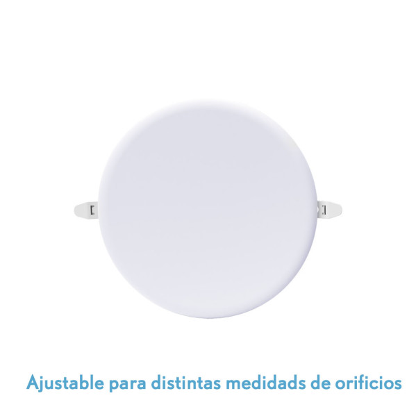 Luz LED empotrable redonda blanca con dos clips laterales sobre fondo blanco.