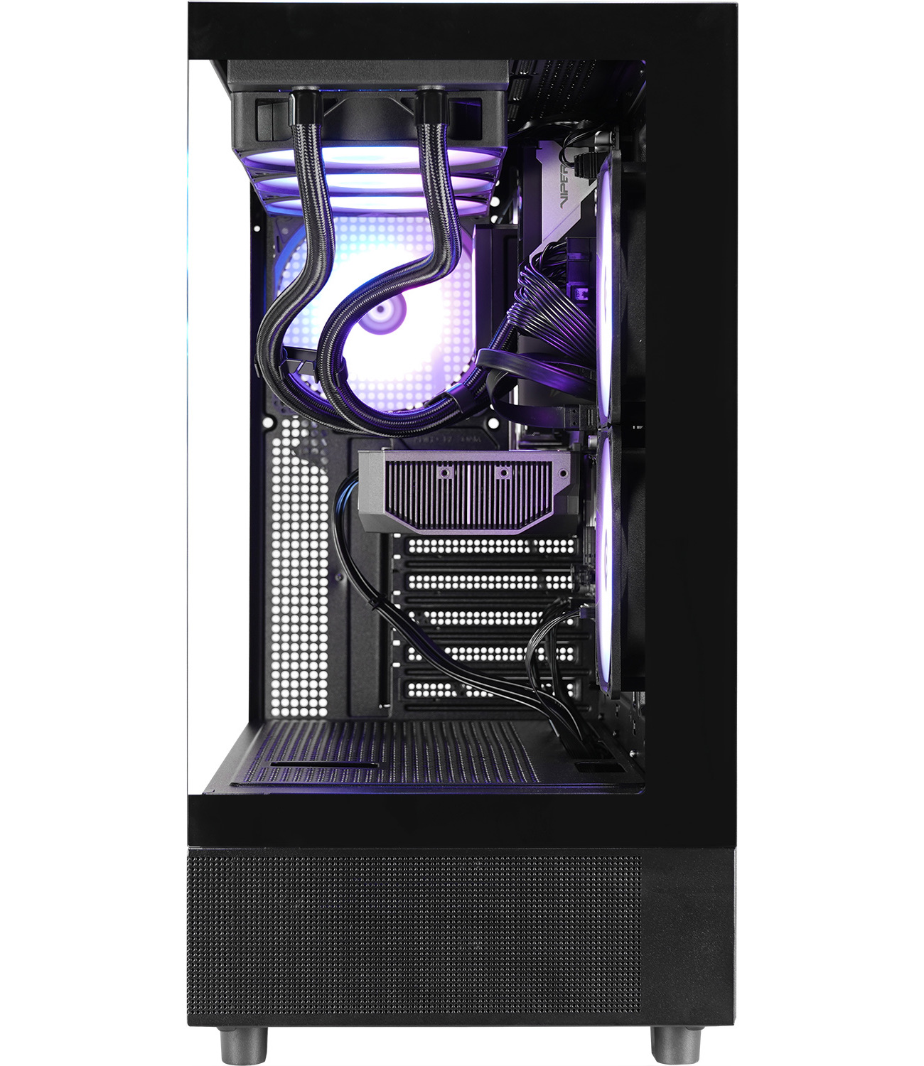 L'intérieur d'un boîtier de PC ouvert avec système de refroidissement liquide, ventilateurs violets et câbles rangés.