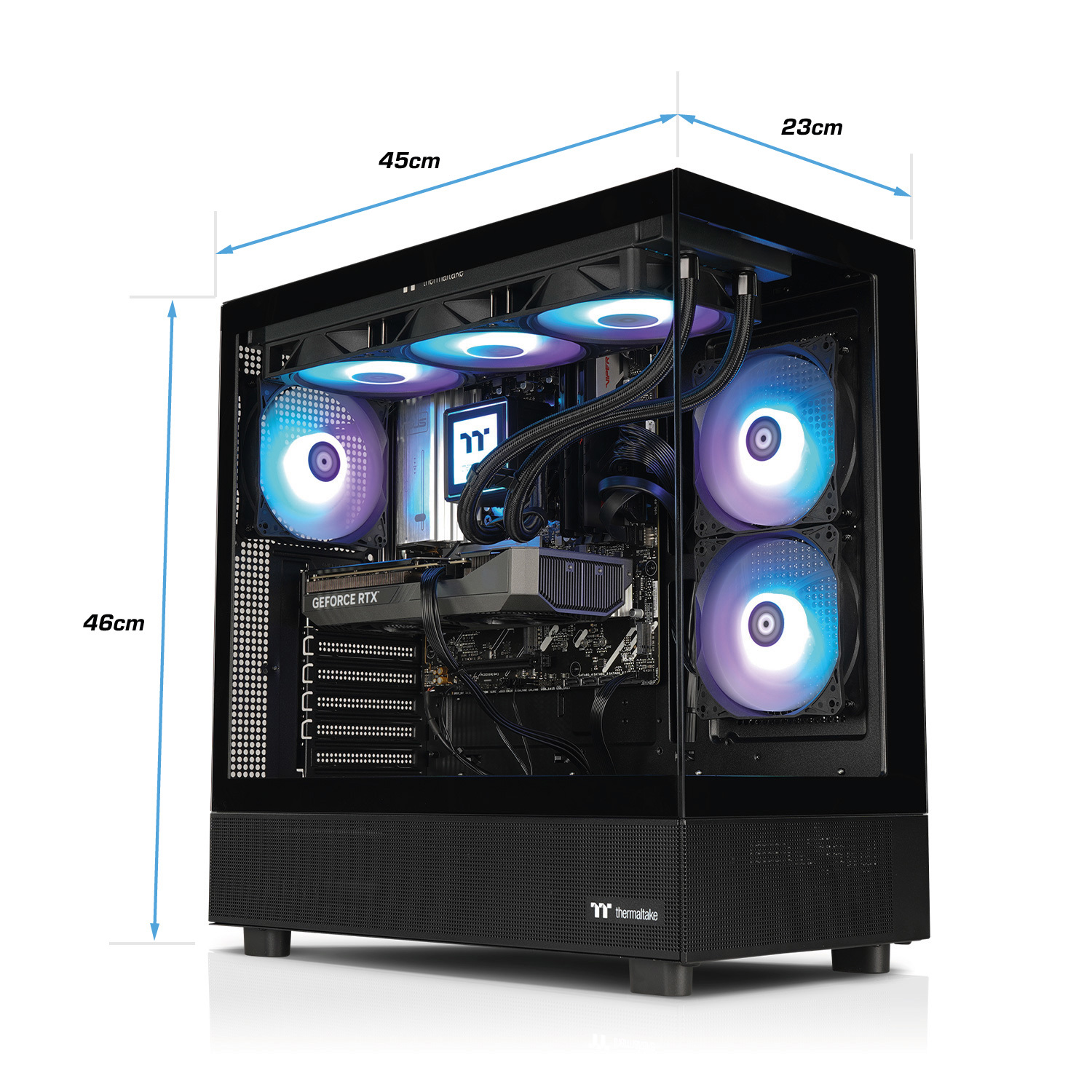 Boîtier PC noir avec ventilateurs RGB, dimensions bleues de 46cm, 45cm et 23cm.
