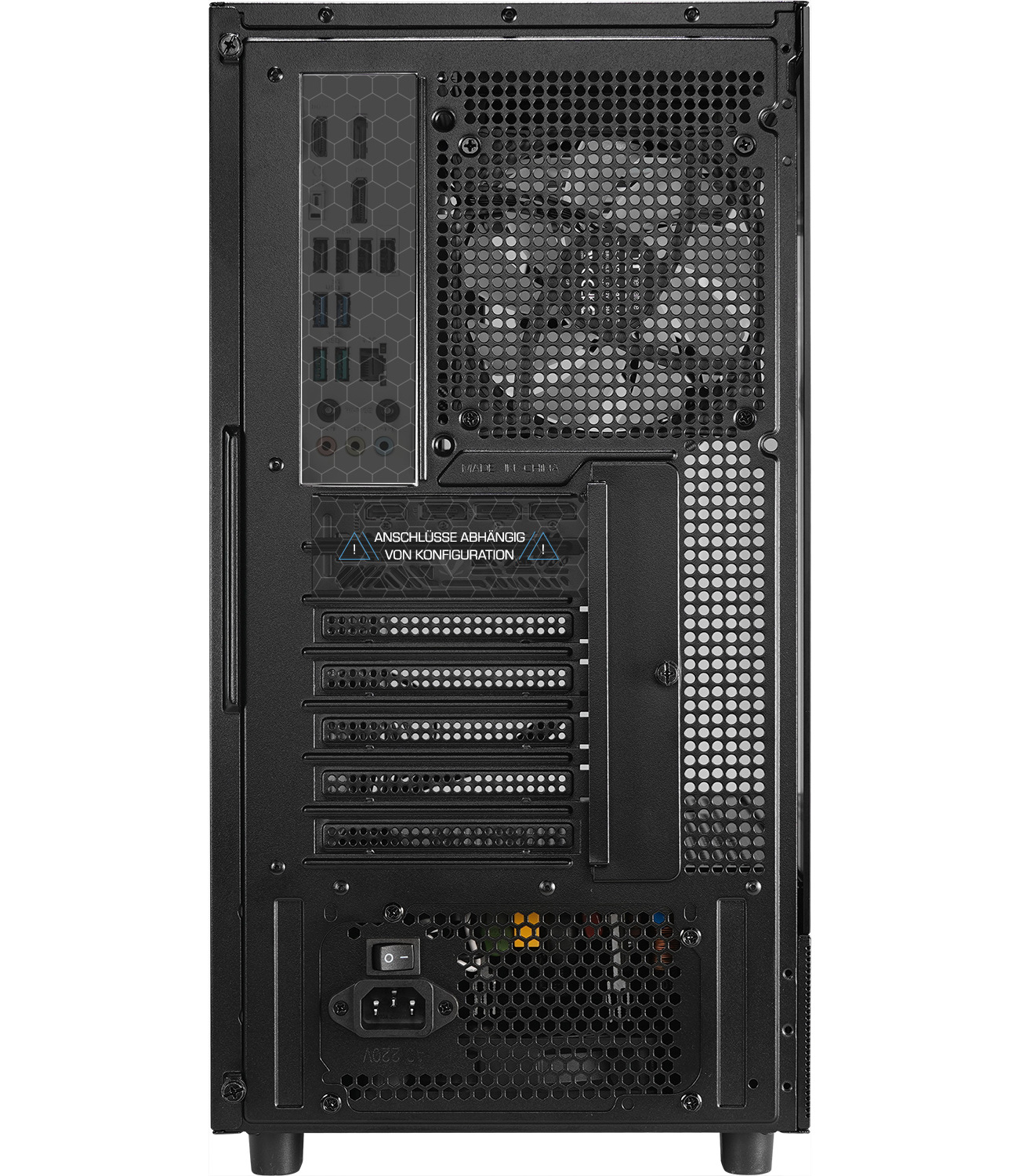 Vue arrière d'un boîtier de PC noir avec panneau E/S, grille de ventilateur, slots d'extension et bloc d'alimentation.