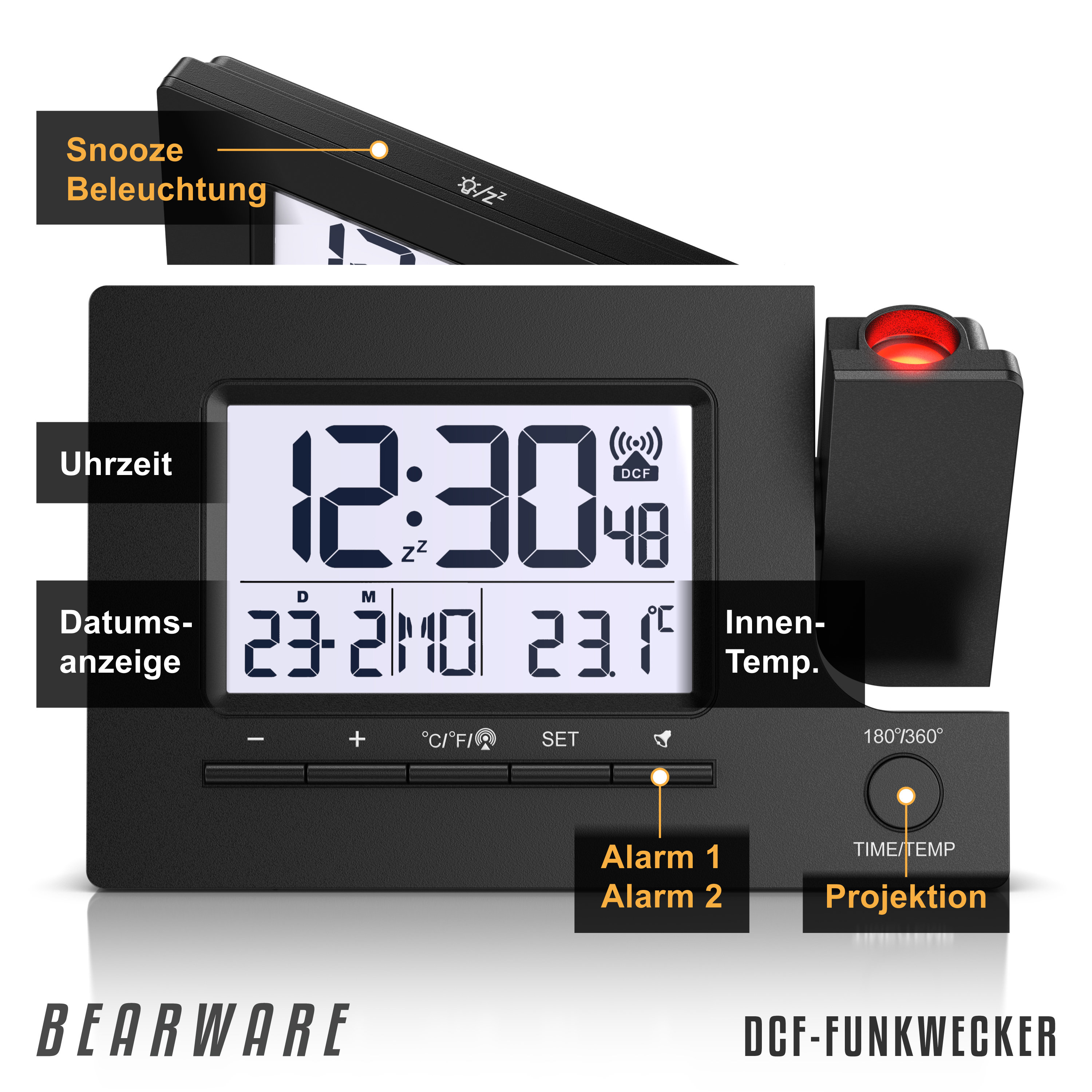 Schwarzer Digital-Funkwecker mit LCD-Display, Temperaturanzeige und rotem Projektionsarm.