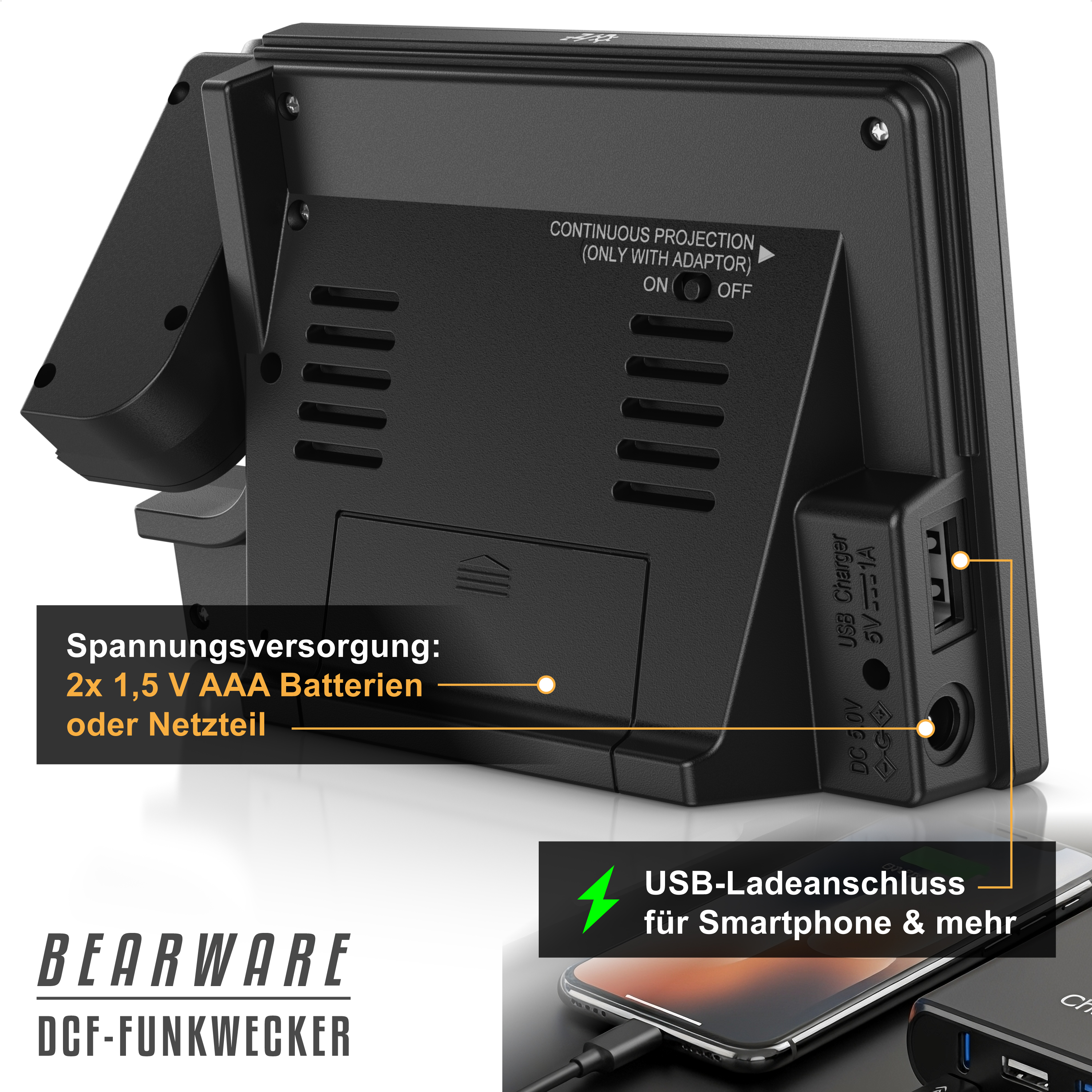 Rückseite einer schwarzen Digitaluhr mit Batterie- und Stromanschluss sowie USB-Ladeport für Smartphones.