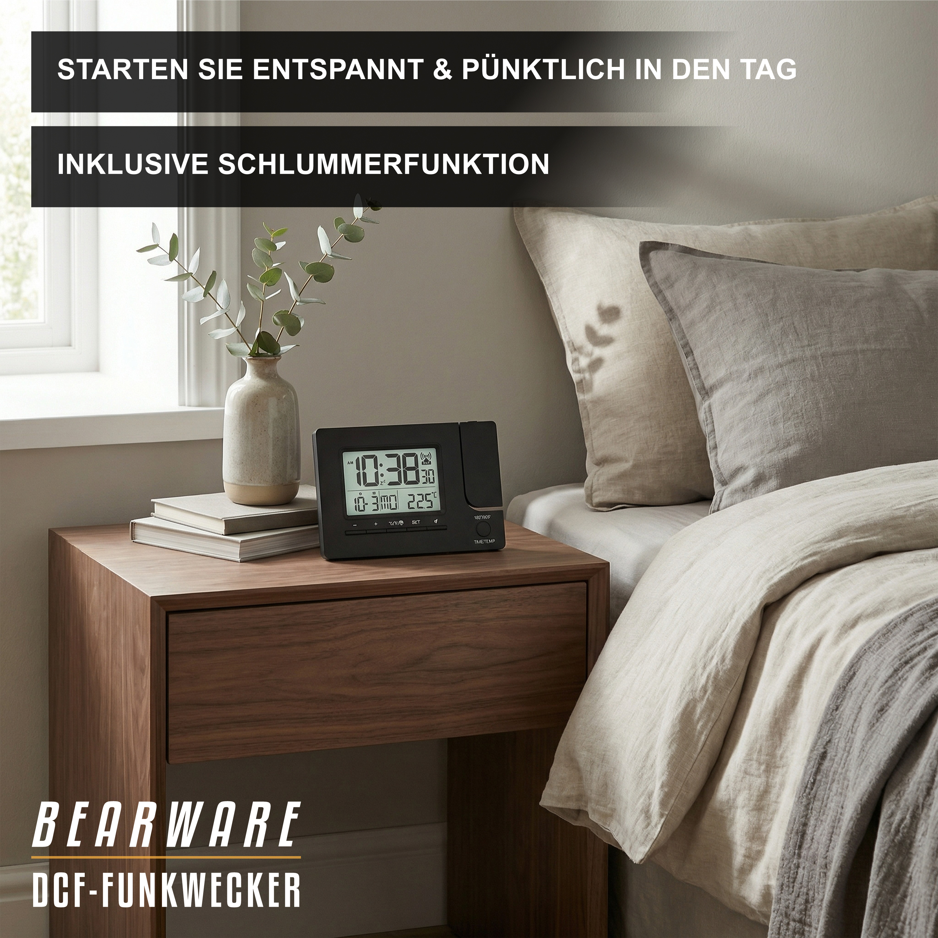 Ein digitaler Funkwecker steht auf einem Nachttisch neben einem Bett mit Kissen und einer Vase mit Zweigen.