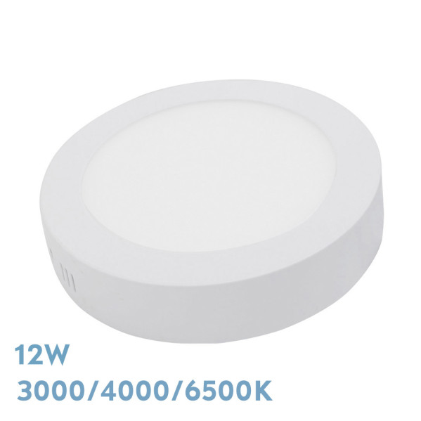 Una lámpara de techo LED redonda y blanca de 12W con temperatura ajustable.
