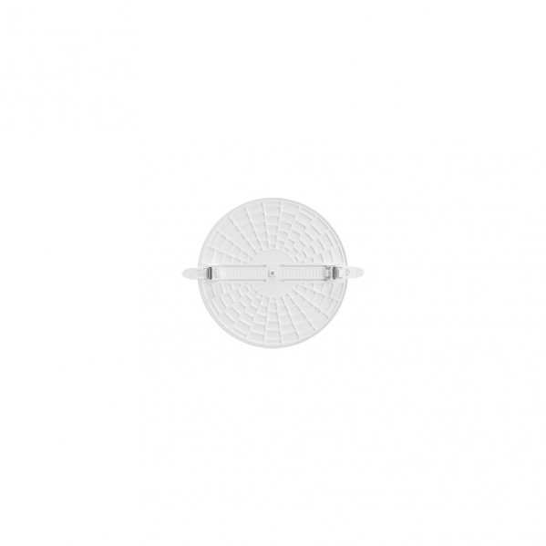Vista trasera de un panel LED redondo empotrado en blanco, con patrón de cuadrícula y soporte central.