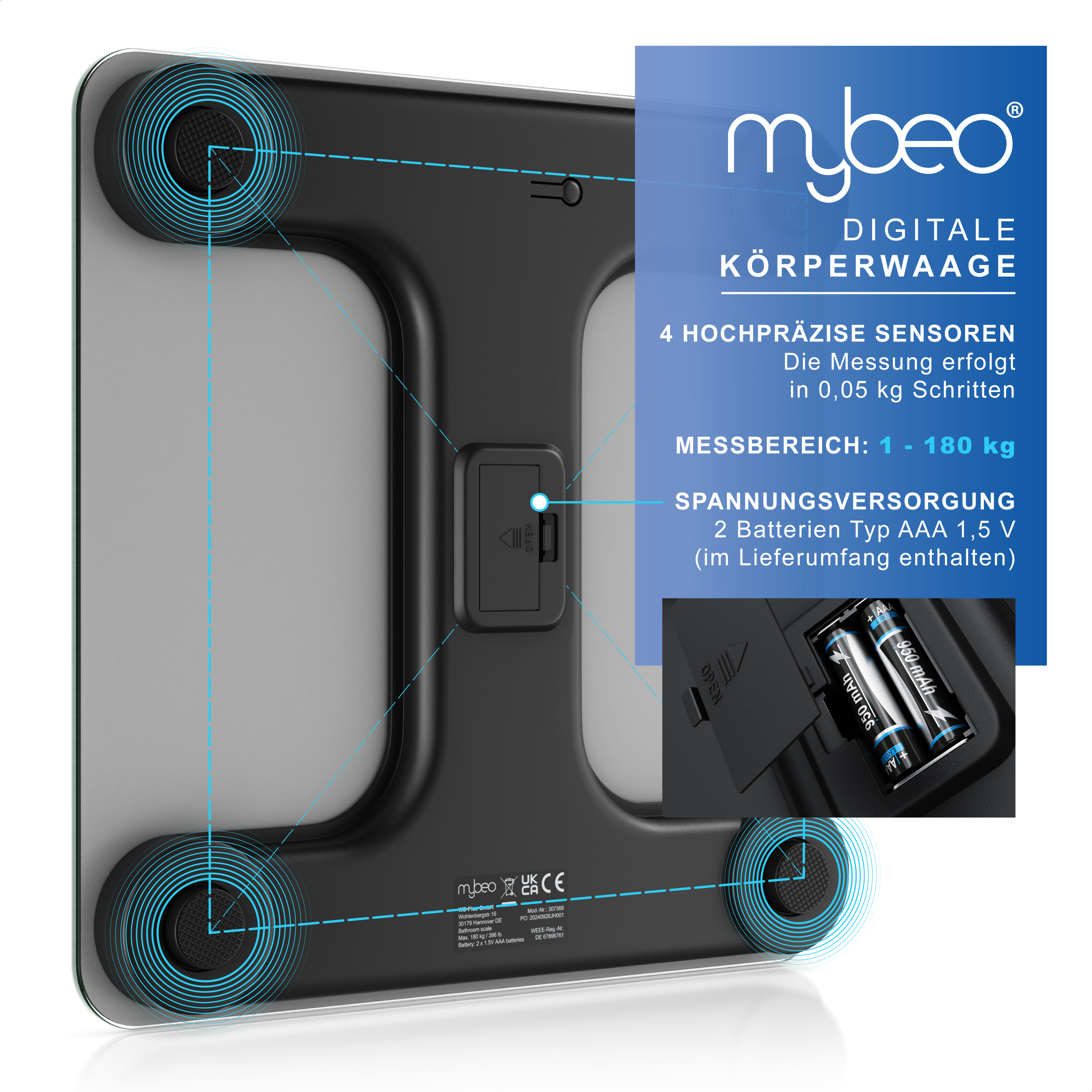 Unterseite einer digitalen Personenwaage mit vier Sensoren und Batteriefach.