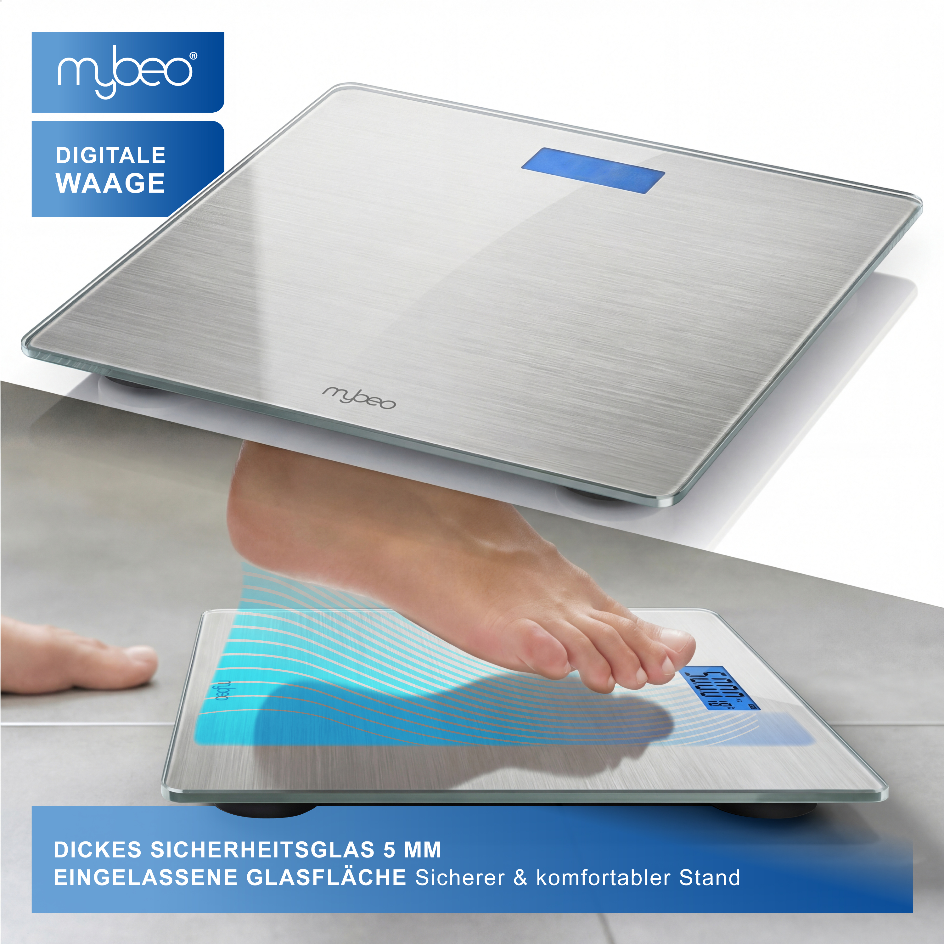 Eine silberne mybeo Digitalwaage aus Sicherheitsglas, auf der ein Fuß steht.