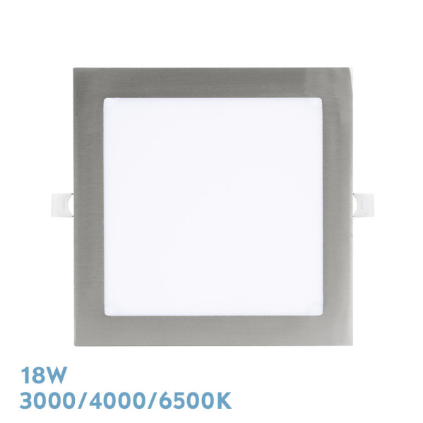 Panel de luz LED empotrable cuadrado plateado con difusor blanco y clips.