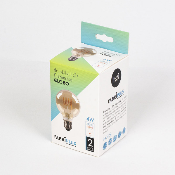 Una caja de bombilla LED globo de FabriLamp sobre fondo blanco, con degradados verdes y azules y detalles del producto.