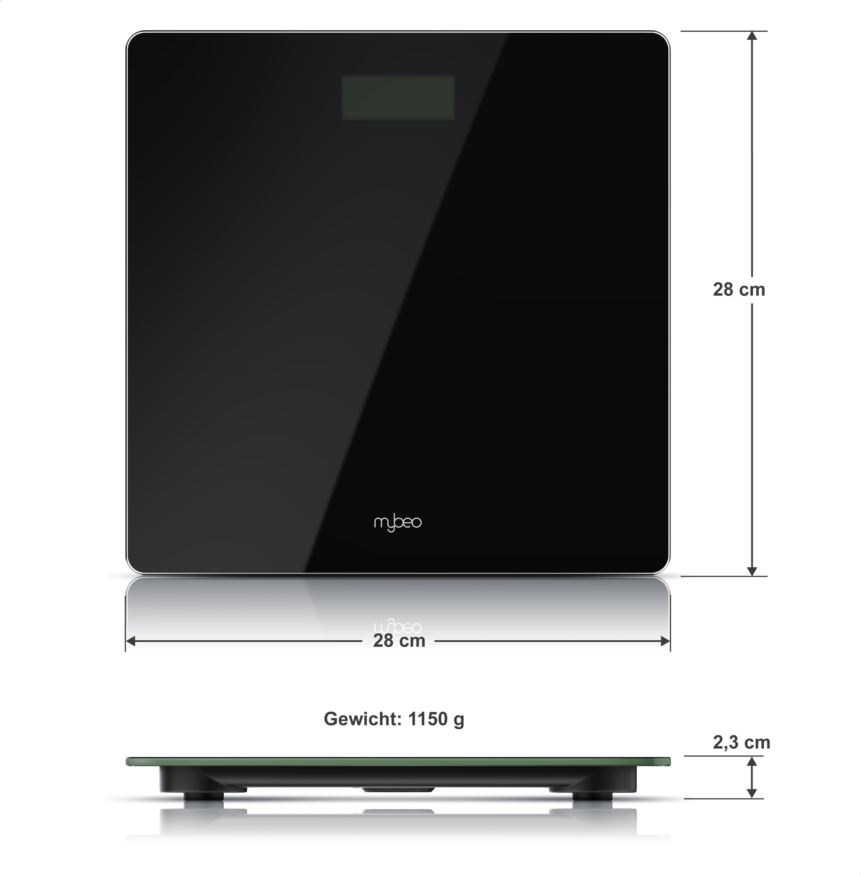 Schwarze digitale Personenwaage mit Maßen von 28x28x2,3 cm und einem Gewicht von 1150 g.
