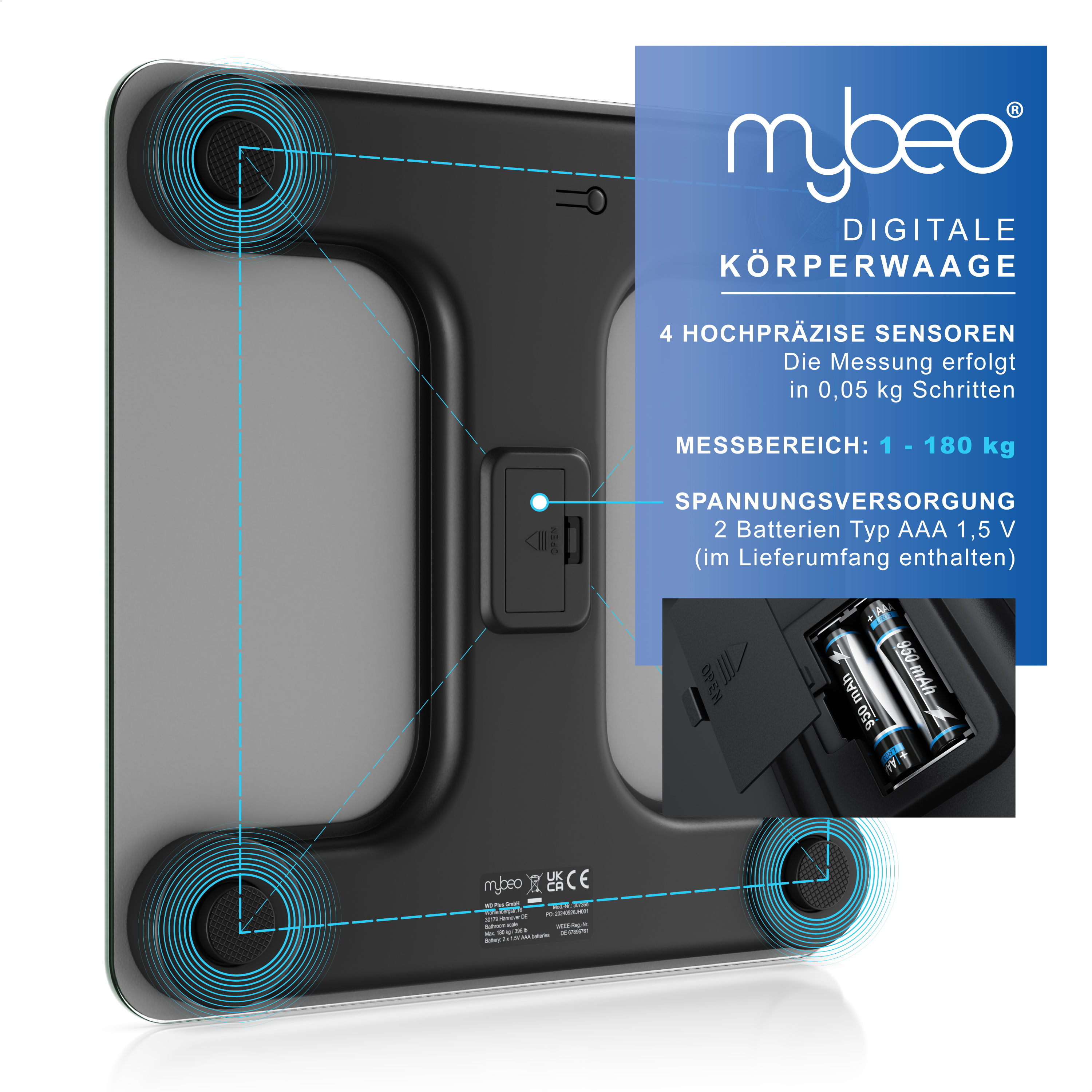 Mybeo digitale Personenwaage mit vier Präzisionssensoren, 1-180 kg Messbereich und AAA-Batteriefach.