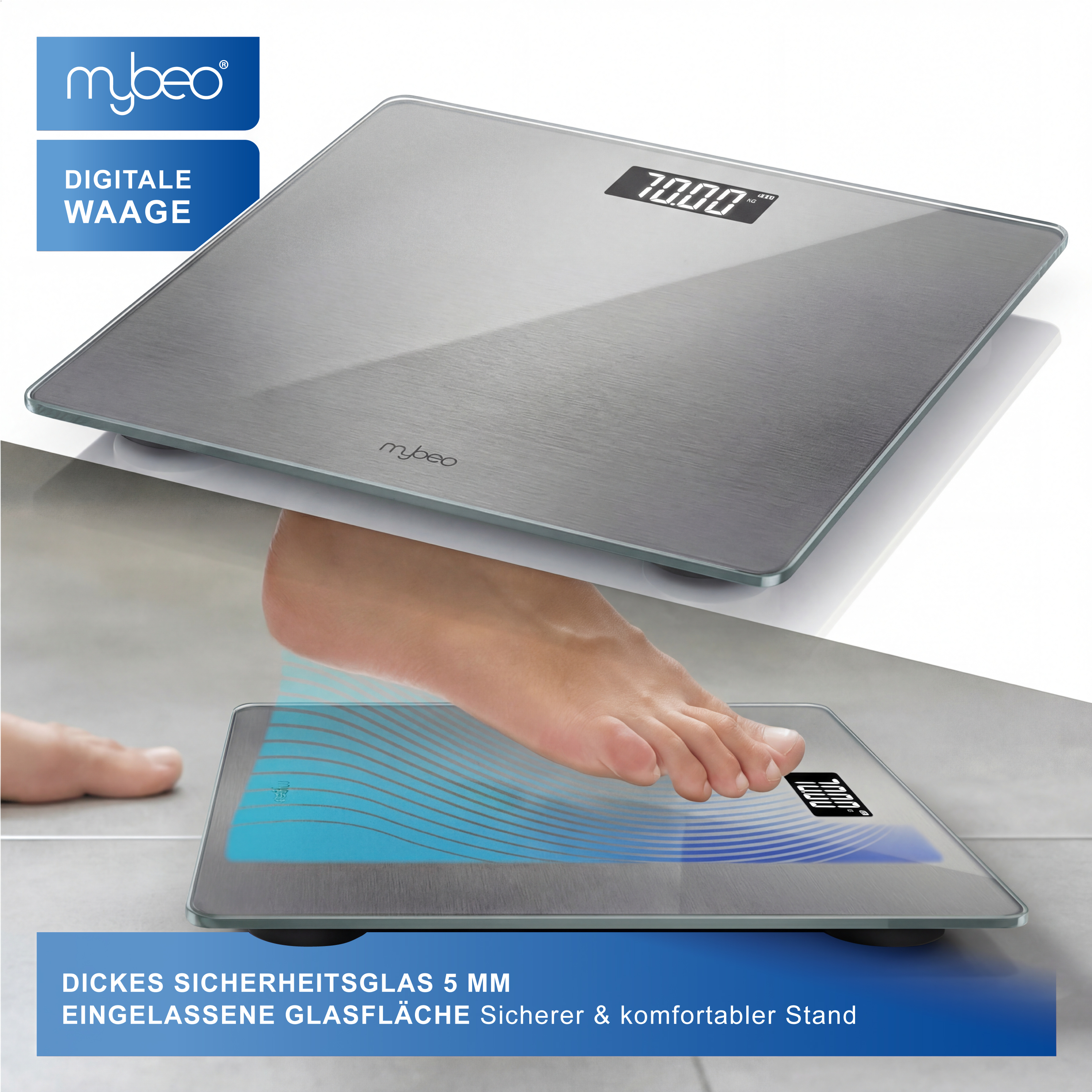 Eine elegante digitale Waage mit 5mm Sicherheitsglas, auf die ein Fuß in moderner Umgebung tritt.