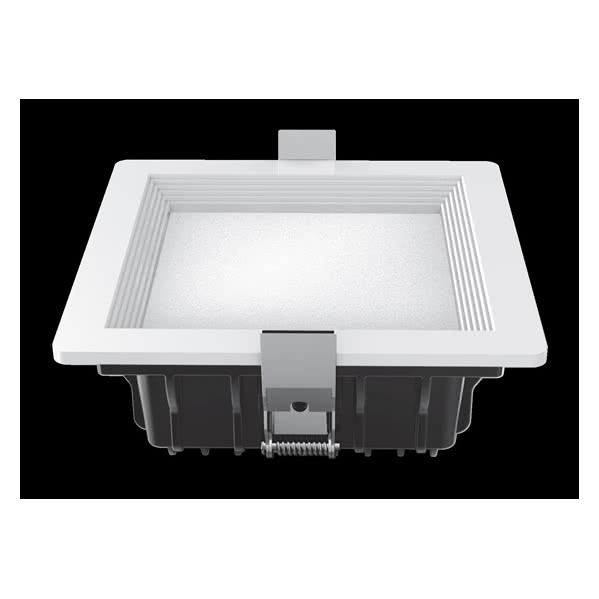 Luz LED empotrable blanca cuadrada con disipador de calor negro y abrazadera metálica sobre fondo negro.