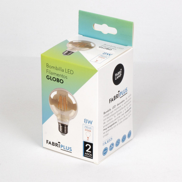 Una caja de producto blanca y verde para una bombilla LED Fabrilamp sobre un fondo claro.