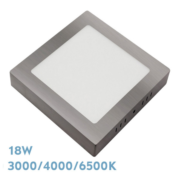 Lámpara de techo LED cuadrada de níquel con cubierta blanca y texto abajo a la izquierda.